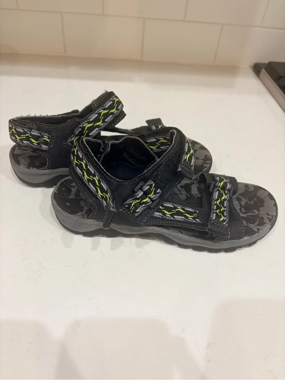 Canon Black Sandals with Lime Green Accent Stitching for Kids